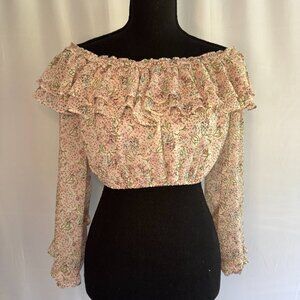 Lulus Teddi Blush Pink Floral Print Ruffled Off the‎ Shoulder Crop Top Small-364